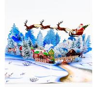 Carte pop-up 3D « Night Before Christmas » : Père Noël enchanteur en traîneau sur un paysage de village enneigé pour des vœux de vacances mémorables