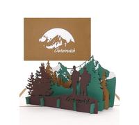 Carte pop-up 3D « Panorama Autriche - Paysage de montagne avec grands clochons » - Carte de vœux et souvenir - Papier spécial avec grain de bois - Bon de voyage, souvenir et carte d'invitation