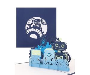 Carte pop-up « Funny Robots » - Carte de vœux 3D - Motif robots amusants - Carte d'anniversaire, carte d'invitation - Comme bon cadeau ou cadeau pour anniversaire d'enfant et rentrée des classes.