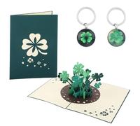 Carte pop-up trèfle à quatre feuilles, carte pop-up 3D, pour anniversaire, 12,8 x 17,8 cm, avec porte-clés trèfle à quatre feuilles, porte-bonheur, carte de bonne chance, anniversaire (carte + 2