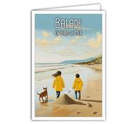 Carte postale Balade Bord de Mer Plage Cirés Jaunes Enfants Chien Château de Sable Dunes Côte Française ou Belge - Avec Enveloppe Blanche 12x17cm -Fabriqué en France -Illustration mini poster affiche