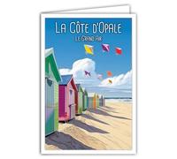 Carte postale Côte d'Opale Cabines de Plage Sable Mer et Cerf-volants 62 Pas-de-Calais Hauts-de-France - Avec Enveloppe Blanche Format 12x17 cm - Fabriqué en France - Illustration mini poster affiche