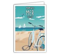 Carte postale Moments MER Merveilleux Vélo Bicyclette Bleue Dunes Oyats Plage de Sable Mer Voiliers - Avec Enveloppe Blanche Format 12x17 cm - Fabriqué en France - Illustration mini poster affiche