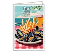 Carte postale Moules Frites Bière Party Restaurant Brasserie de la Plage Mer Gastronomie Française Belge Belgique - Avec Enveloppe Blanche 12x17cm -Fabriqué en France -Illustration mini poster affiche