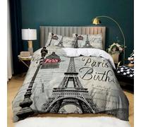 Carte Postale Vintage de Paris thème Housse de Couette 140 x 200 cm Parure de Lit Adulte avec Fermeture Éclair, Noir et Blanc Linge de Lit Parure Housse Couette Microfibre + 2 Taie d'oreiller 65x65