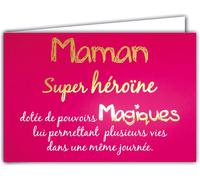 Carte Pour Une Maman Super Héroïne Dotée De Pouvoirs Magiques Mots En Or Doré Brillant Fond Rose ; Livrée Avec Enveloppe ; Format Carte Fermée 17x11,5cm ;