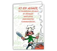Carte Régionale Gaston Lagaffe Ici en ALSACE tu trouveras de quoi te régaler Bretzels Baekeoffe Flammeküeche pour passer un très bon ANNIVERSAIRE - Avec Enveloppe Illustrée 17,5x12cm - GLCT-0164