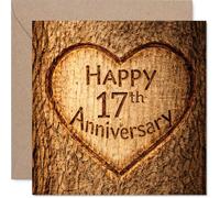 Carte romantique 17e anniversaire - Romance rustique brille - Cœur sculpté sur bois pour un 17e anniversaire charmant - Une touche chaleureuse pour une étape mémorable - Carré de 145 mm, enveloppe