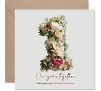 Carte romantique 1er anniversaire - A Blooming Start to Forever - Motif floral rose numéro un pour premier anniversaire - Carré de 145 mm, enveloppe incluse