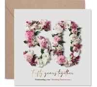 Carte romantique pour 50e anniversaire de mariage - Cinquante ans de floraison - Élégantes fleurs roses et vertes forment un carré spectaculaire de 50 à 145 mm, enveloppe incluse