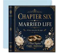 Carte romantique pour 6ème anniversaire de mariage - Une histoire d'amour | Couverture de livre élégante avec alliances et pivoines crème, carré de 145 mm, enveloppe incluse