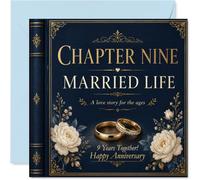 Carte romantique pour 9e anniversaire, chapitre neuf de votre histoire | Couverture de livre élégante avec anneaux dorés et fleurs crème, carré de 145 mm, enveloppe incluse