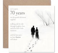 Carte sentimentale 70e anniversaire de mariage - 70 ans côte à côte - Silhouette de couple minimaliste avec empreintes de pas dans la neige - Carré de 145 mm, enveloppe incluse