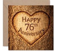 Carte sentimentale 76e anniversaire - Breloque en forme de cœur rustique - Design effet bois avec motif cœur sculpté - Vœux chaleureux pour une étape spéciale - Carré de 145 mm, enveloppe incluse