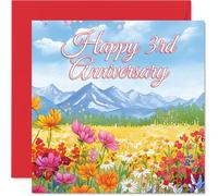 Carte sentimentale pour 3ème anniversaire de mariage - Trois Cheers for Three Years - Fleurs sauvages colorées et paysage de montagne - Carré de 145 mm, enveloppe incluse