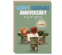 Carte sentimentale pour 45e anniversaire de mariage - Forty-five Years and Still Going Strong - Illustration de couple ludique et confortable dans un salon joyeux - Format A5, enveloppe incluse