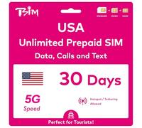 Carte SIM américaine prépayée. Appels entrants et sortants illimités | Autorisation de données 5G Ultra Haut débit autorisée. Hotspot/Tethering/Partage Internet autorisé. (illimité x 1 Mois)