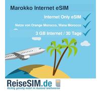 Carte SIM de voyage Maroc Internet - Volume de données de 3 à 20 Go - Validité de 30 jours - Réseau WANA Maroc 4G/5G - Nano-SIM ou eSIM (3 Go/30 jours, eSIM (code QR))