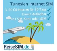 Carte SIM de voyage Tunesien Internet 3-20 Go de volume de données, validité de 30 jours, réseau Ooredoo et Tunisie Telecom 4G/5G, Nano-SIM ou eSIM (20 Go/30 jours, eSIM (code QR))
