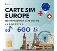 Carte SIM européenne travSIM | 6 Go de données avec Vitesse 4G/5G | Utilisable au Royaume-Uni, en Suisse et dans Plus de 30 Pays de l'UE | Forfait valable 30 Jours