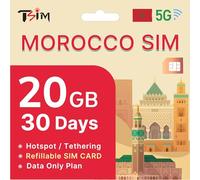 Carte SIM Maroc 30 Jours - 20 Go de données | Données à Haut débit 5G/4G | Hotspot activé | Carte SIM Rechargeable | Forfait données Uniquement