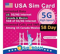 Carte SIM prépayée aux États-Unis|Données Internet 5G/4G illimitées aux États-Unis (Hawaï Inclus) + Données de 5 Go au Canada et au Mexique|Appels et SMS illimités Entre US, CA et MX (58 Jours)
