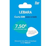 Carte Sim prépayée Lebara incluant 7,50E de crédit (5E + 2,50E offerts) - Appels, SMS et internet en France et à l’international à prix réduits.