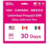 Carte SIM prépayée TSIM USA 30 jours | Données haut débit 4G/5G illimitées aux États-Unis, 5 Go de données haut débit au Canada et au Mexique | Appels locaux illimités, appels entrants et SMS gratuits