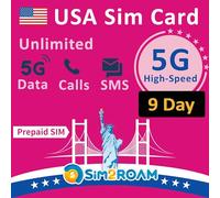 Carte SIM prépayée USA | Données Internet Haut débit 5G/4G LTE illimitées aux États-Unis (y Compris Hawaii) | Appels et SMS illimités aux États-Unis | Rechargeable ! (9 Jours)