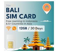 Carte SIM travSIM Bali|12GB de données Mobiles à des Vitesses 4G/5G|Roaming Gratuit en Indonésie et dans Plus de 5 Pays d'Asie|Le Plan de la Carte SIM Bali est valable Pendant 30 Jours