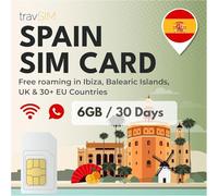 Carte SIM travSIM Espagne | 6 Go de données/Vitesses 4G/5G | Appels illimités | Utilisez Votre Carte SIM espagnole au Royaume-Uni et dans Plus de 30 Pays de l'UE | Validité : 30 Jours