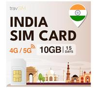 Carte SIM travSIM Inde | 10 Go de données mobiles avec vitesses 4G/5G en Inde - Accès complet à Google, Facebook, WhatsApp et plus encore | Carte SIM prépayée pour l’Inde avec une validité de 15 Jours