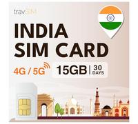 Carte SIM travSIM Inde | 15 Go de données mobiles avec vitesses 4G/5G en Inde - Accès complet à Google, Facebook, WhatsApp et plus encore | Carte SIM prépayée pour l’Inde avec une validité de 30 Jours