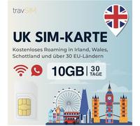 Carte SIM travSIM Royaume-Uni | 10 Go de données avec Vitesse 4G/5G | Utilisez la Carte SIM au Royaume-Uni et dans Plus de 30 Pays de l'UE | Le Forfait Europe est valable 30 Jours.