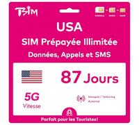 Carte SIM USA 87 Jours. Réseau T-Mobile avec données illimitées à Haute Vitesse en 5G/4G/LTE | Appels et SMS locaux illimités aux USA (Hawaï Inclus). Carte SIM 5G !