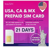 Carte SIM USA, Canada, Mexique | Réseau T-Mobile | 50Go de données pour Les USA, 5Go pour Le Canada et Le Mexique | Appels et textos nationaux illimités | Valable 21 Jours