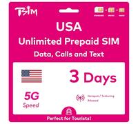 Carte SIM USA pour voyager aux États-Unis. Prépayée. Réseau T-Mobile avec données illimitées, appels et SMS. Nouvelle carte SIM 5G mise à niveau (3 jours)