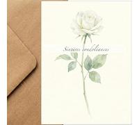 Carte « Sincères condoléances » avec une rose blanche, 17 x 12 cm, papier 300 g/m², accompagnée d'une élégante enveloppe kraft marron