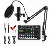 Carte Son Bluetooth avec Micro Noir et Bras Articulé pour Streaming | Réduction du bruit, changement de voix, effets sonores et connexions multiples pour enregistrer et diffuser plus facilement.