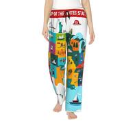 Carte touristique des États-Unis avec des monuments célèbres pour les pantalons de pyjama pour femmes, pantalons de détente extensibles et confortables pour femmes, bas de pyjama décontractés pour fem