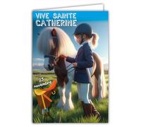 Carte Vive Sainte Catherine 25 novembre Fête Petite Fille Cavalière Poney Club Hippique Équitation - Avec Enveloppe Blanche Format 12x17cm - Espace intérieur blanc pour l'écriture - Fabriqué en France