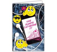 Carte Vive Sainte Catherine 25 Novembre Pour Jeune Fille Adolescente Smileys Jaunes Émoticônes Téléphone Portable Musique Baskets Jeans - Avec Enveloppe Blanche