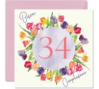 Carte vœux pour 34e anniversaire pour femme - Bouquet fleurs tulipes aquarelle - Cartes joyeux 34e anniversaire pour femme 34 ans, fille, sœur, tante, 145 mm, trente-quatre anniversaires