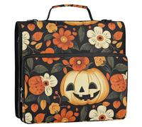 Cartera portátil Halloween Citrouilles et fleurs 3,8 cm 3 anneaux Robuste Fermeture éclair avec poignée et bandoulière amovible Organiseur d'école multi-poches Convient pour l'école secondaire Cartera