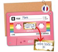 Cartes à gratter Cassette Surprise - Cadeau Concert Festival Musique à Offrir - Anniversaire, EVJF, Fête, Cadeau couple - Personnalisable à la main - Design Cassette Retro Vintage - Couleur Rose