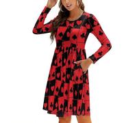 Cartes à jouer - Robes d'automne pour femmes 2024, robes midi élégantes et fluides à manches longues avec poche, noir, Taille S