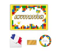 Cartes d’invitation anniversaire à gratter Thème briques colorées, Invitations Anniversaire blocs des constructions pour fille et garçon en Français, Cartes créative jeu de construction enfants