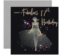 Cartes d'anniversaire 17 ans pour filles - Âge 17 ans - Fabuleuse carte d'anniversaire pour elle - Design de robe en silhouette en or avec paillettes en feuille métallisée - Carte d'anniversaire