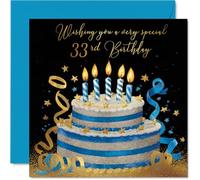 Cartes d'anniversaire 33 ans pour homme et femme - Gâteau doré et argenté - Carte d'anniversaire pour homme de 33 ans, oncle, voisin, cousin, neveu, cartes de vœux d'anniversaire de 14 cm
