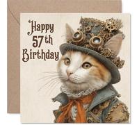 Cartes d'anniversaire 57 ans pour homme et femme - Chat punk Steam - Carte d'anniversaire pour homme, femme, tante, fils, voisin, épouse, 145 mm